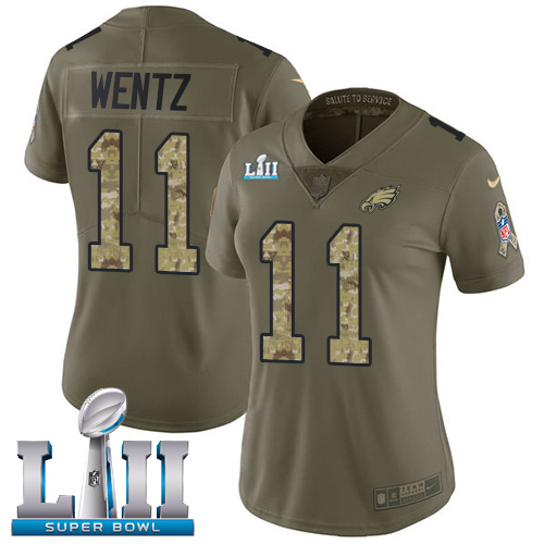 Nike Eagles #11 Carson Wentz Olive/Camo Super Bowl LII Women's Stitched NFL Limited Salute to Service Jersey